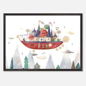 Póster infantil Barco volador Wandelwald | Acuarela de viajes aéreos | Regalo cumpleaños, habitación infantil, habitación bebé nacimiento | Decoración de paredes, estampados.