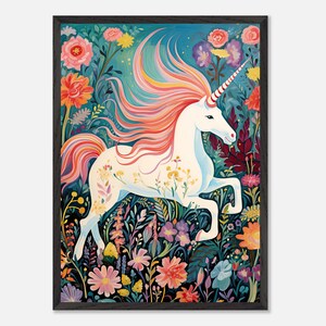 Einhorn Poster Kinderzimmer | Fabelwesen Fantasie Blumenwald | Geschenk Geburtstag Mädchen, Baby Babyzimmer Geburt | Wanddeko, Drucke