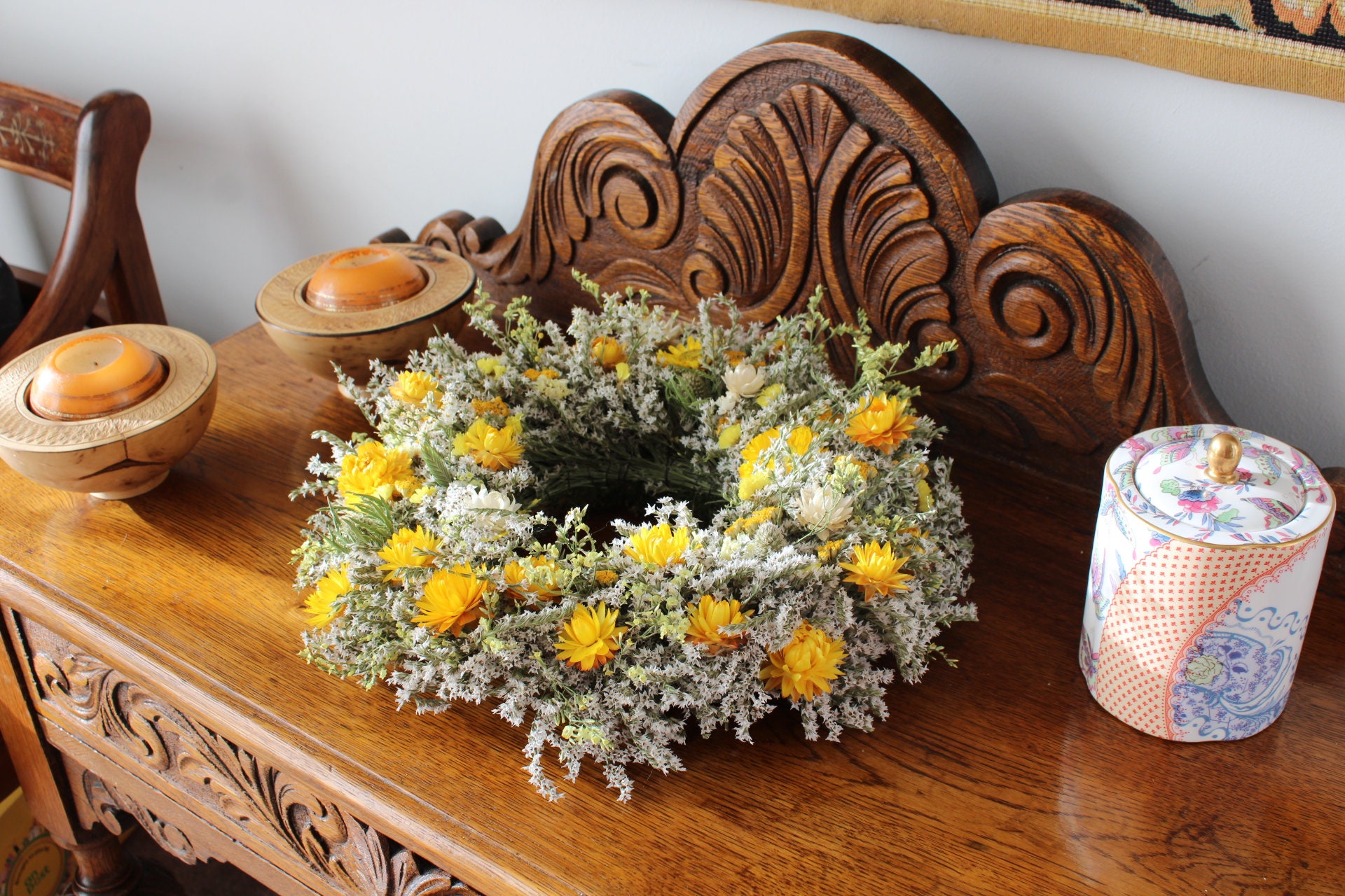 Summer/Spring wreaths, dry flower wreath, dried flowers, yellow wreath, front door wreaths for summer, handmade wreath, Year round wreath
