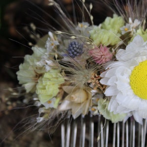 An up close shot of the left hand side of the comb. The small blue thistle heads, pink flamingo celosia and silvery cream straw flower heads are in more detail in this photo.