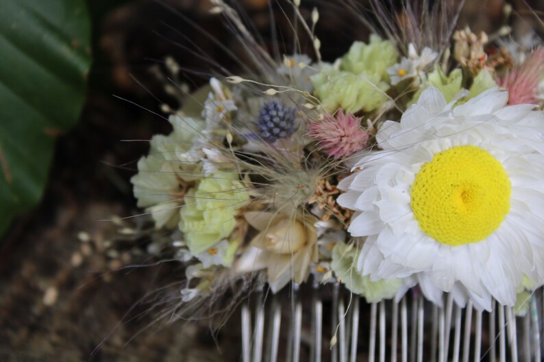 An up close shot of the left hand side of the comb. The small blue thistle heads, pink flamingo celosia and silvery cream straw flower heads are in more detail in this photo.