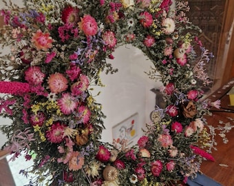Corona extragrande de flores secas, colorida exhibición floral (60 cm)