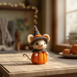 May include: A handcrafted felt mouse wearing a witch hat and a pumpkin costume. The mouse has tan ears, a long tail, and a small orange nose. The pumpkin costume is orange with vertical ridges. The witch hat is brown with an orange band.
