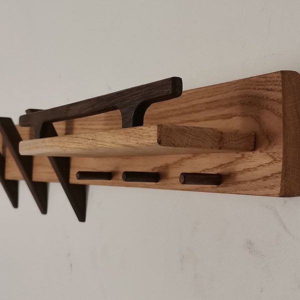 Oak wood rack /Entryway rack organizer shelf,  / Wall mounted coat rack / Oak  Wall coat rack with shelf entryway with dark hooks/