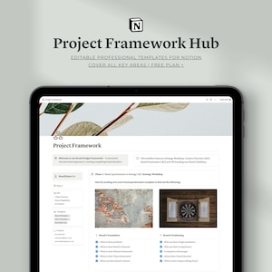 Puede incluir: Una captura de pantalla de una computadora que muestra una página de Notion titulada "Project Framework". La página está dividida en secciones, que incluyen "Brand Foundation", "Brand's Positioning" y "Strategy Workshop". La página también incluye un tablero de dardos y una pared de ladrillo.