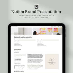 Può includere: Uno screenshot di una pagina di Notion con un modello di presentazione del marchio. Il modello include sezioni per l'identità del marchio, il pubblico di destinazione e l'analisi della concorrenza. La pagina è progettata per aiutare le aziende a creare una forte identità di marca.