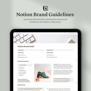 Könnte beinhalten: Eine Notion-Markenleitfaden-Vorlage mit einer Tastatur, einem grünen Schuh auf Rollschuhen und einem Pfirsich. Der Text auf der Seite lautet "Notion Brand Guide", "Erstellt von: Studio Name", "Kultiviert für: Business Name", "[Your BusinessName]", "Markenstory", "Marken-Essenz" und "Willkommen bei [Name] Co., wo Innovation auf echte Leidenschaft trifft, um eine bessere Zukunft zu gestalten."