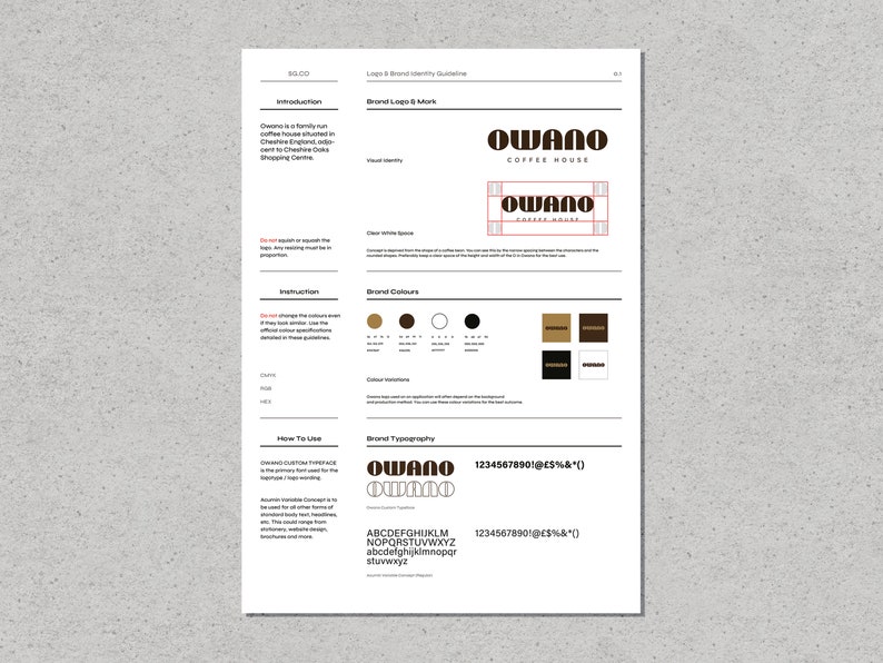 May include: Brand identity guidelines for Owano Coffee House, featuring a logo with the text "Owano Coffee House" in a bold, sans-serif font. The logo is displayed in black and white, with a brown and gold color palette. The document also includes a font style guide and instructions for using the brand's colors.