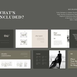 May include: A set of 6 presentation slides with a minimalist design. The slides feature a black and white colour scheme with a focus on typography and identity construction. The slides are fully editable in Adobe Illustrator and include 24 pages.