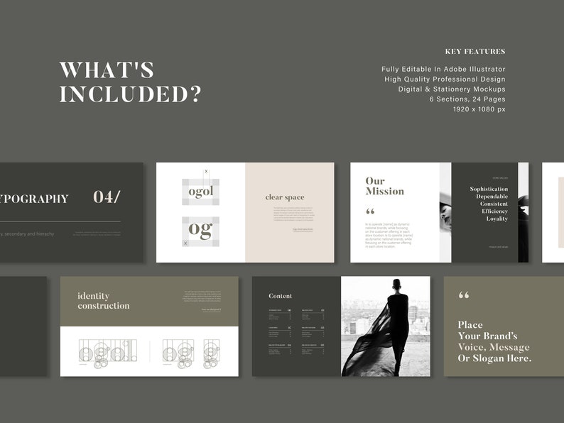 May include: A set of 6 presentation slides with a minimalist design. The slides feature a black and white colour scheme with a focus on typography and identity construction. The slides are fully editable in Adobe Illustrator and include 24 pages.