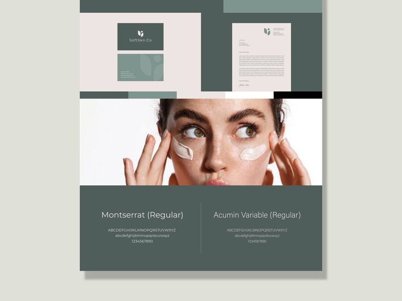 May include: A close-up image of a woman's face with a white cream applied around her eyes. The image is used to showcase the fonts Montserrat and Acumin Variable. The text "SoftSkn.Co" is also visible in the image.