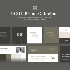 May include: Brand guidelines for a company called OGOL. The logo is a stylised "OG" in black and white. The document includes brand colours, shades, typography, and variations of the logo.