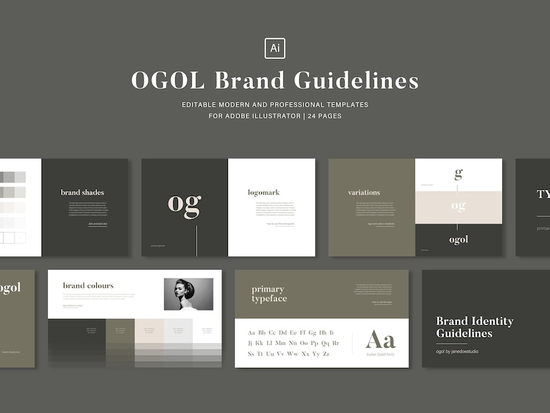 May include: Brand guidelines for a company called OGOL. The logo is a stylised "OG" in black and white. The document includes brand colours, shades, typography, and variations of the logo.