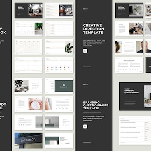 Könnte beinhalten: Ein Set mit 3 Branding-Vorlagen für Adobe Illustrator. Die Vorlagen umfassen ein Markenstrategie-Arbeitsbuch, eine Vorlage für die kreative Richtung und eine Vorlage für einen Markenfragebogen. Jede Vorlage zeichnet sich durch ein modernes, minimalistisches Design mit einem Schwarz-Weiß-Farbschema aus.