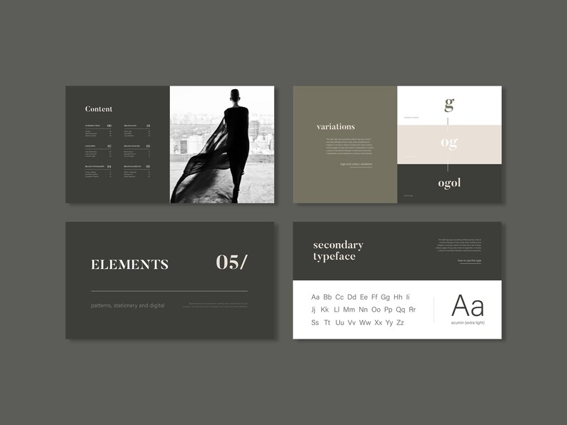May include: A black and white image of a woman wearing a long black dress and a black hat. The woman is standing in front of a city skyline. The image is part of a design portfolio with the words "Content", "Elements", "Variations", "Secondary Typeface", and "05/" in white text on a black background. The image also includes a sample of a font in white text on a brown background.