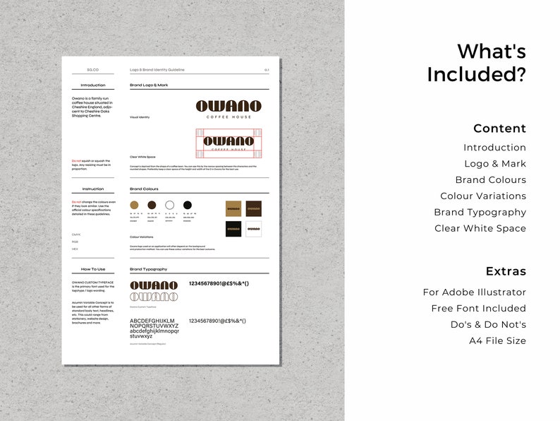 May include: Brand identity guidelines for Owano Coffee House, a coffee shop in Cheshire, England. The document includes the logo, brand colors, typography, and clear white space guidelines.