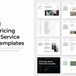 Mall för minimalistisk prissättning och serviceguide | Adobe Illustrator | Varumärkesbyggande kit | Professionell varumärkesbok