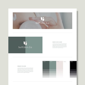 May include: A brand identity guide for Soft Skin Co. featuring a logo with a stylized leaf and the company name. The guide includes a color palette with shades of green, white, and black.