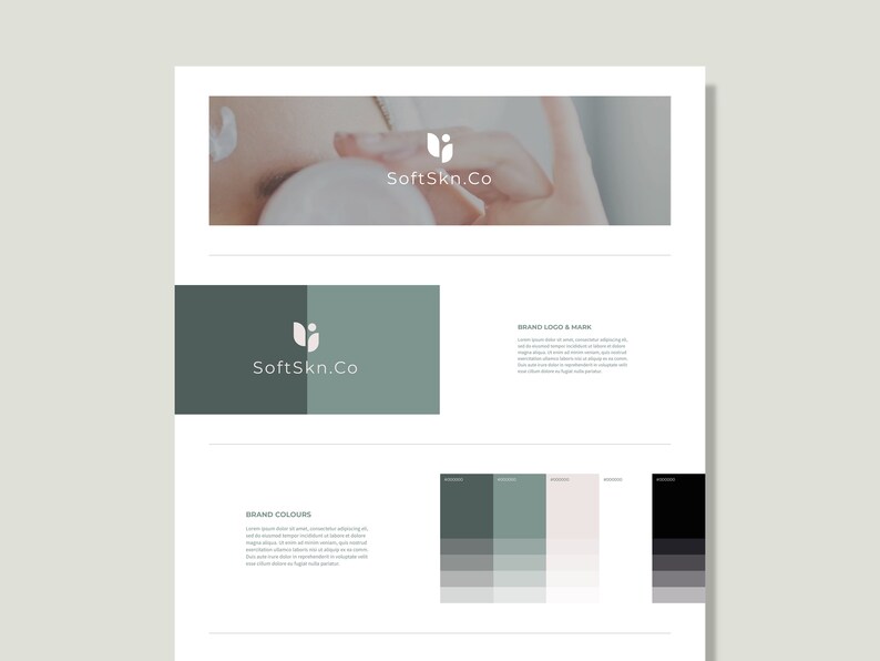 May include: A brand identity guide for Soft Skin Co. featuring a logo with a stylized leaf and the company name. The guide includes a color palette with shades of green, white, and black.