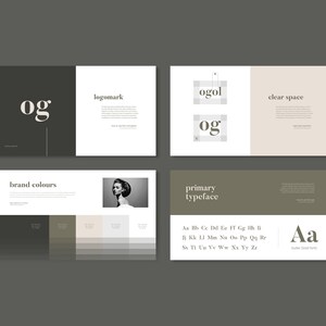 May include: Brand identity guide featuring a black and white logo, "og", and a colour palette of dark green, light green, beige, and white. The guide also includes a serif typeface with the alphabet displayed.