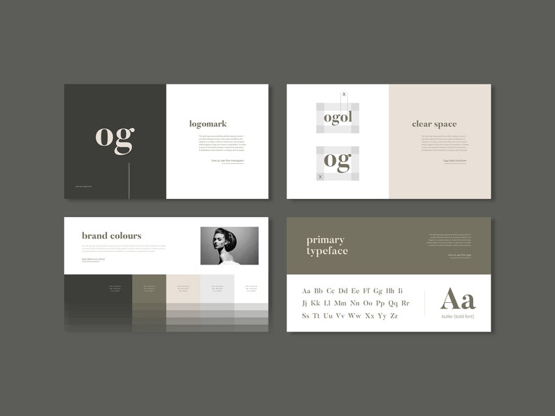 May include: Brand identity guide featuring a black and white logo, "og", and a colour palette of dark green, light green, beige, and white. The guide also includes a serif typeface with the alphabet displayed.
