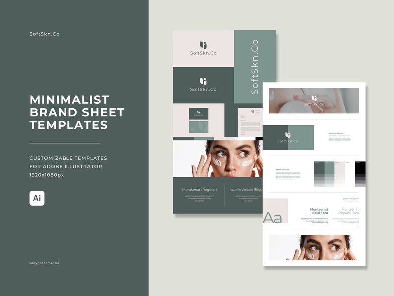 May include: A brand sheet template for Adobe Illustrator with a minimalist design. The template features a green and white color scheme with a logo, typography, and color palette examples. The text "SoftSkn.Co" is featured throughout the template.