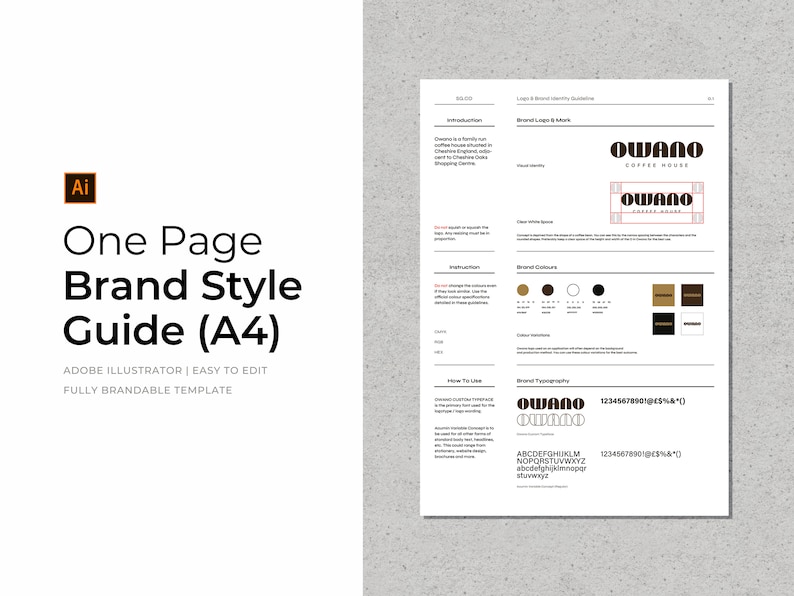 May include: A one-page brand style guide for Owano Coffee House. The guide includes the logo, color palette, typography, and contact information. The logo is a black and white illustration of the word "Owano" with a coffee cup icon. The color palette includes brown, black, white, and gold. The typography is a sans-serif font. The contact information includes a phone number and email address.