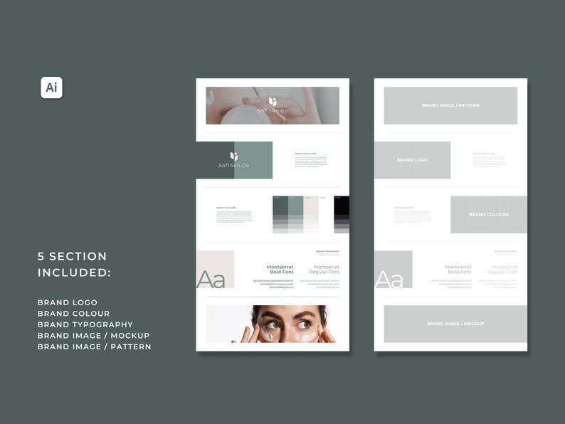 May include: A brand guide for a company called SoftSkin Co. The guide includes a logo, color palette, typography, and brand image mockups. The logo is a stylized leaf with the text "SoftSkin Co." below it. The color palette is a mix of green, white, and black. The typography is Montserrat, a sans-serif font. The brand image mockups show a woman applying cream to her face.