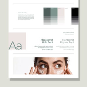 May include: Brand guide with a color palette of light and dark green, white, and black. The guide also includes a font style guide with the Montserrat font in bold and regular weights. The text includes the alphabet and numbers. The guide also includes a close-up image of a person's eye with a white cream applied to the skin.
