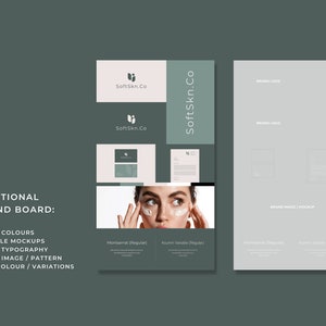 May include: A brand board for a company called SoftSkn.Co. The board includes a logo, color palette, typography, and mockups of a business card and letterhead. The company's name is written in a simple, modern font. The color palette is green and white.