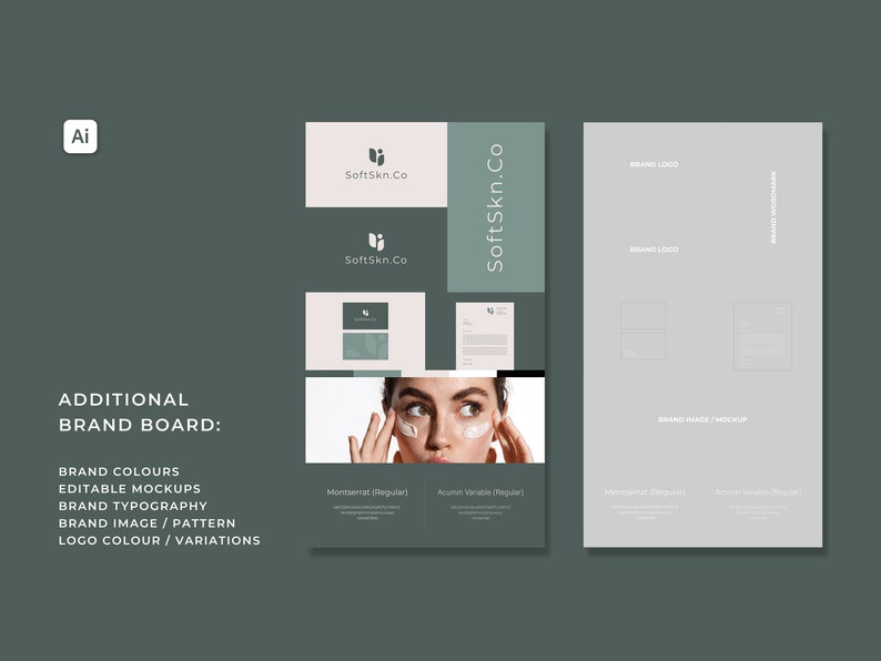May include: A brand board for a company called SoftSkn.Co. The board includes a logo, color palette, typography, and mockups of a business card and letterhead. The company's name is written in a simple, modern font. The color palette is green and white.