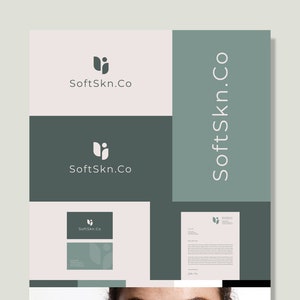 May include: A branding mockup for a company called SoftSkn.Co. The logo features a stylized leaf design in white on a green background. The company name is written in white text below the logo. The mockup includes a business card, letterhead, and a vertical banner with the company name.