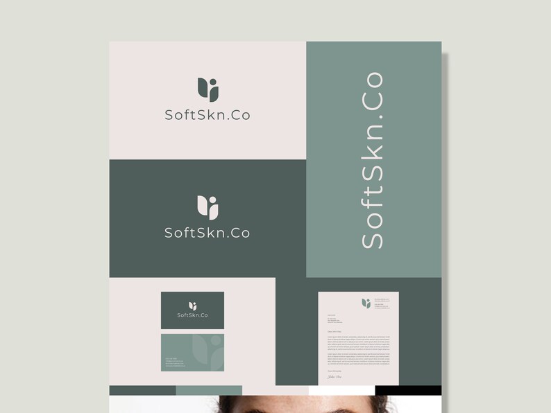 May include: A branding mockup for a company called SoftSkn.Co. The logo features a stylized leaf design in white on a green background. The company name is written in white text below the logo. The mockup includes a business card, letterhead, and a vertical banner with the company name.