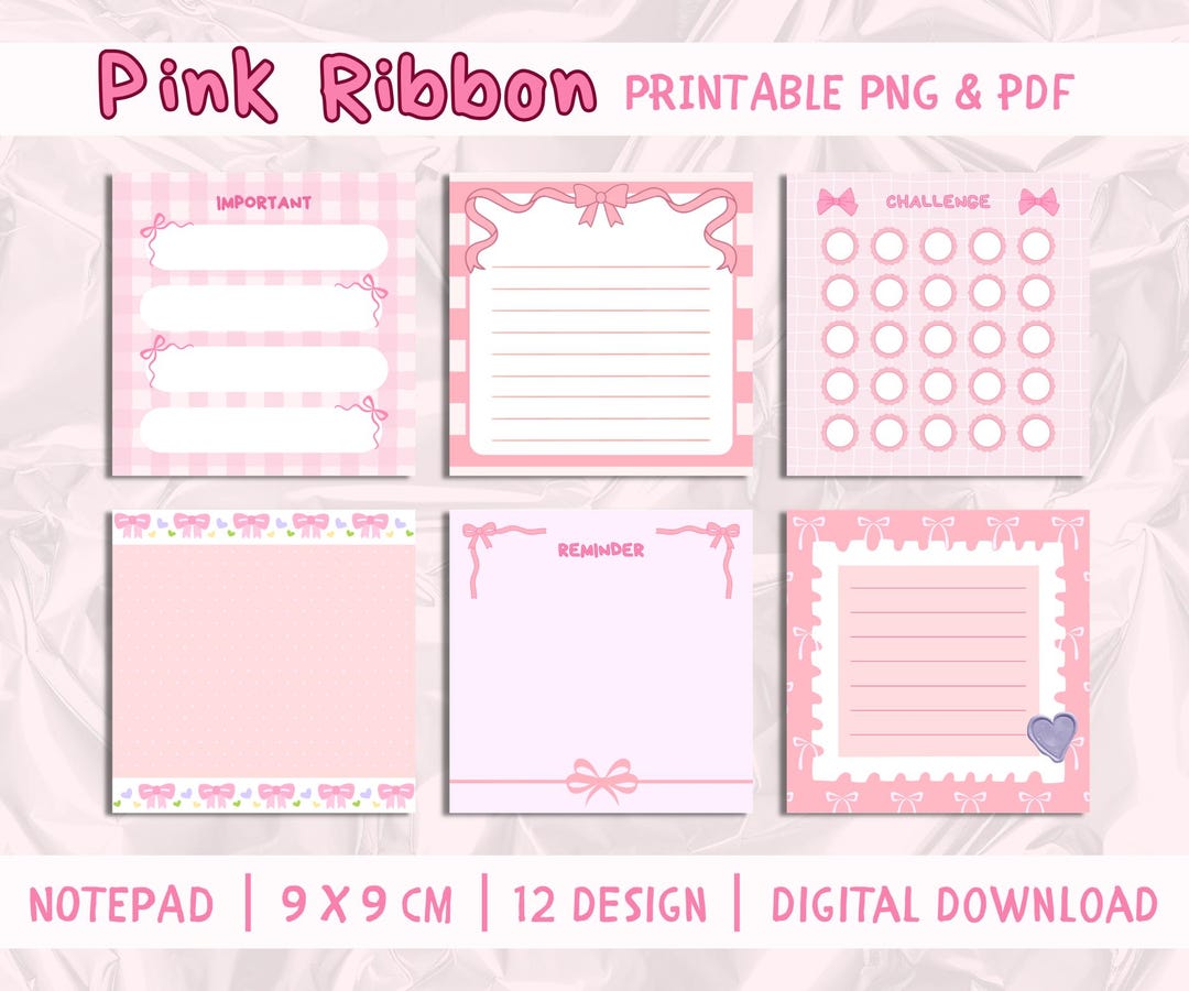 Pink Ribbon Notepad, 12 Designs, 9x9 Cm Printable Memo Sheets (PDF, PNG ...