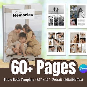 May include: A photo book template featuring a cover with a family portrait and the text Best Memories, alongside four interior page layouts displaying various family photographs, with the text 60+ Pages and Photo Book Template - 8.5" x 11" - Portrait - Editable Text.