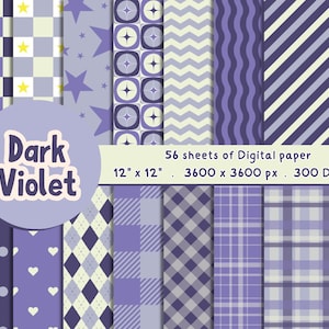 Könnte beinhalten: Eine Sammlung von 56 digitalen Papierbögen mit verschiedenen Mustern, darunter Sterne, Streifen und geometrische Formen. Die Farbpalette ist eine Mischung aus Dunkelviolett, Lavendel und Creme. Jedes Blatt misst 30,48 cm x 30,48 cm.