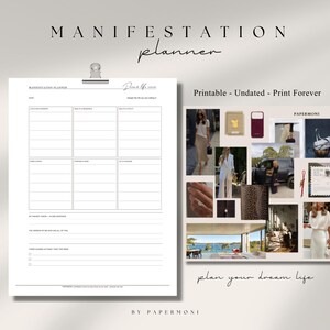 Puede incluir: Un planificador de Manifestación blanco con un clip plateado, con secciones para la vida, las relaciones y los objetivos. El texto "Manifestation Planner" y "plan your dream life" son visibles. Un mood board con imágenes está a la derecha.