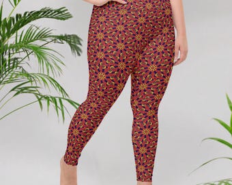 Plus Size Bold Vibrant Kaleidoscope Print High Waisted Leggings, Trippy Tights, Red Orange Floral Geometric Yoga Pants, Women's Activewear