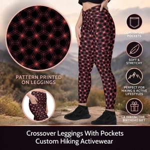 May include: Crossover leggings featuring a black and red geometric star pattern. The leggings include side pockets and are shown in a full-length view and a close-up detail. Text on the image includes CONVENIENT POCKETS, SOFT & STRETCHY, PATTERN PRINTED ON LEGGINGS, and Crossover Leggings With Pockets Custom Hiking Activewear.