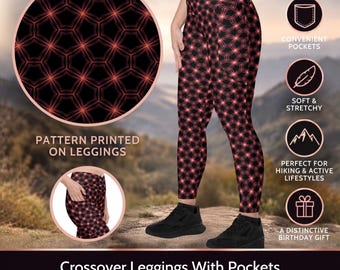 Black & Rose Gold Ombre Crossover Leggings With Pockets, Custom Hiking Activewear for Women and Girls, Distinctive Birthday Gift