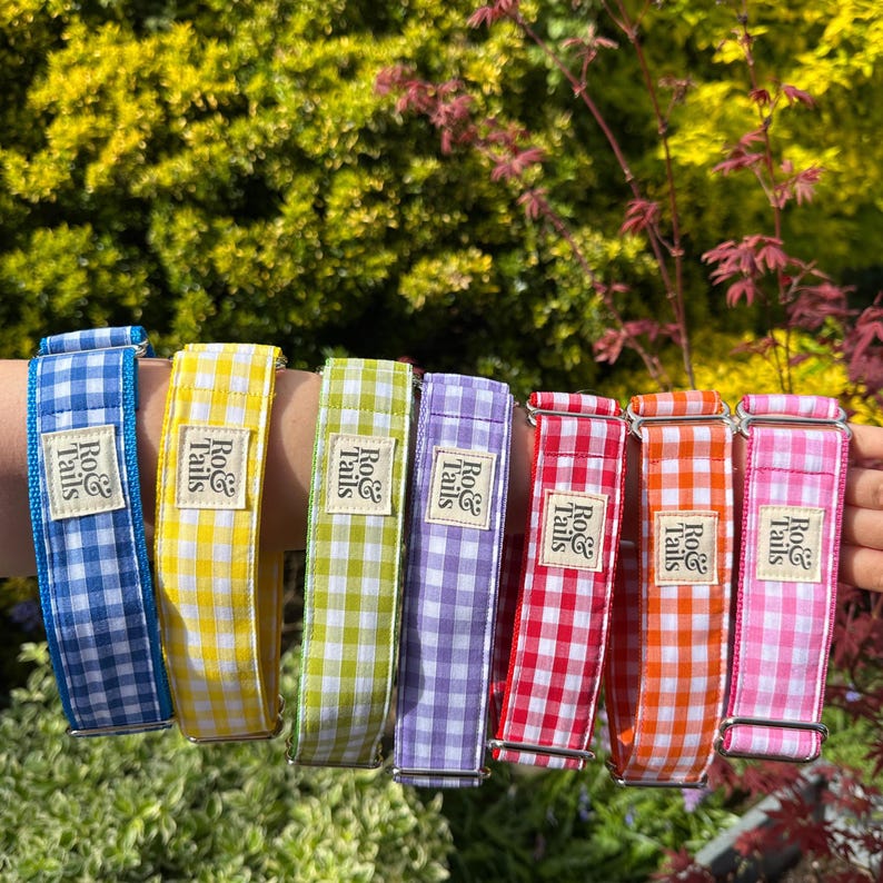May include: Eight colorful gingham dog collars with silver hardware. Each collar has a white label with the text "Ro& Tails".