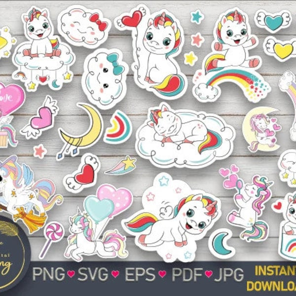 Cute Unicorn Svg Bundle, Digital Sticker Bundle Svg, PNG, and Eps/Unicorn Printable Stickers for Cricut and Silhouette