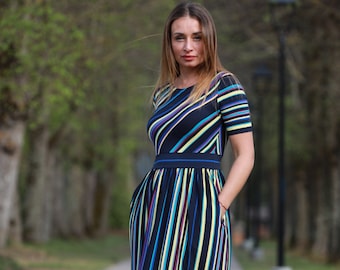 Blue Summer Midi Dress For Women In Jersey Fabric, Stripe Dress With Short Sleeves and Pockets