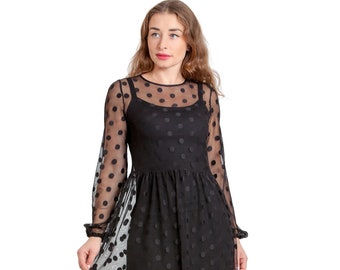 Elegant Black Mesh Midi Dress for Women: Chic Summer Polka Dot Knitted Dress
