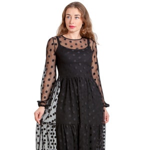 Elegant Black Mesh Midi Dress for Women: Chic Summer Polka Dot Knitted Dress