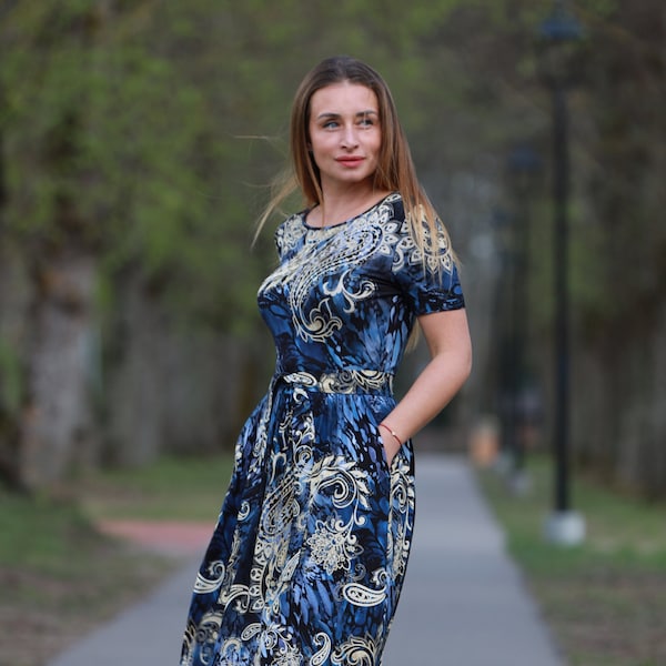 Blue Summer Maxi Dress Casual For Women In Jersey Fabric, Long Floral Elegant Dress With Short Sleeve