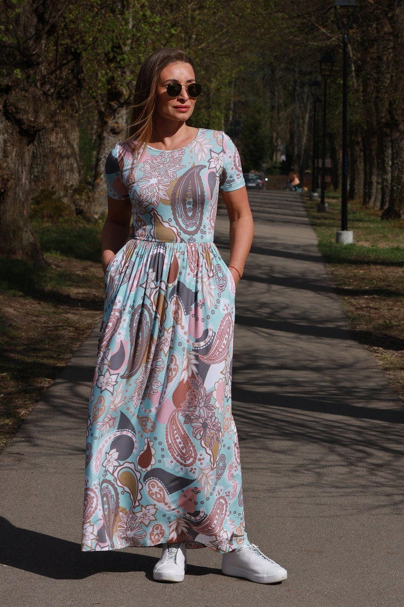 Long Summer Dress Casual for Women in Jersey Fabric, Pink and Blue ...