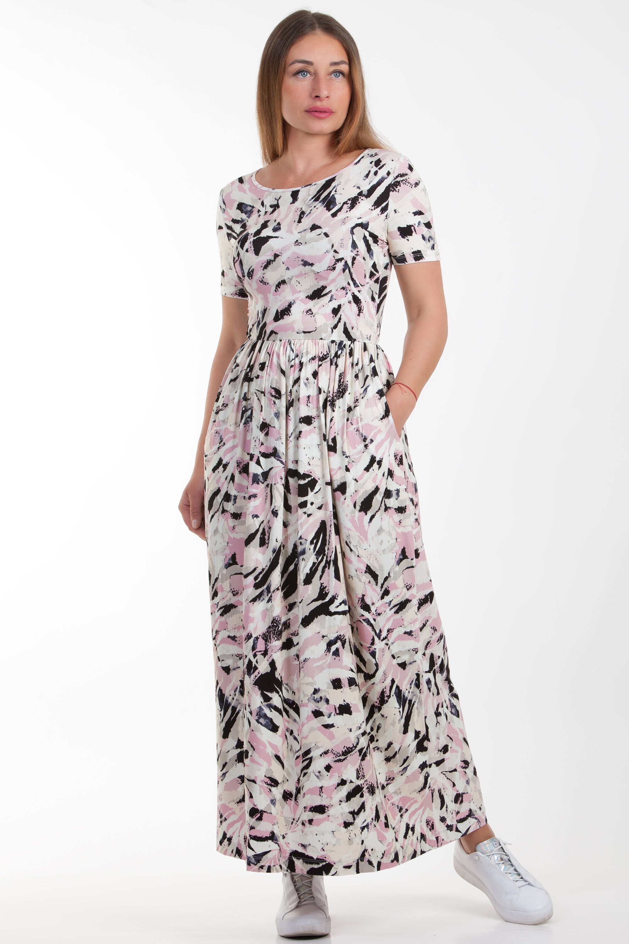 Maxi Women's Dress Casual in Jersey Fabric, Long White and Pink Dress With  Short Sleeve and Pockets - Etsy