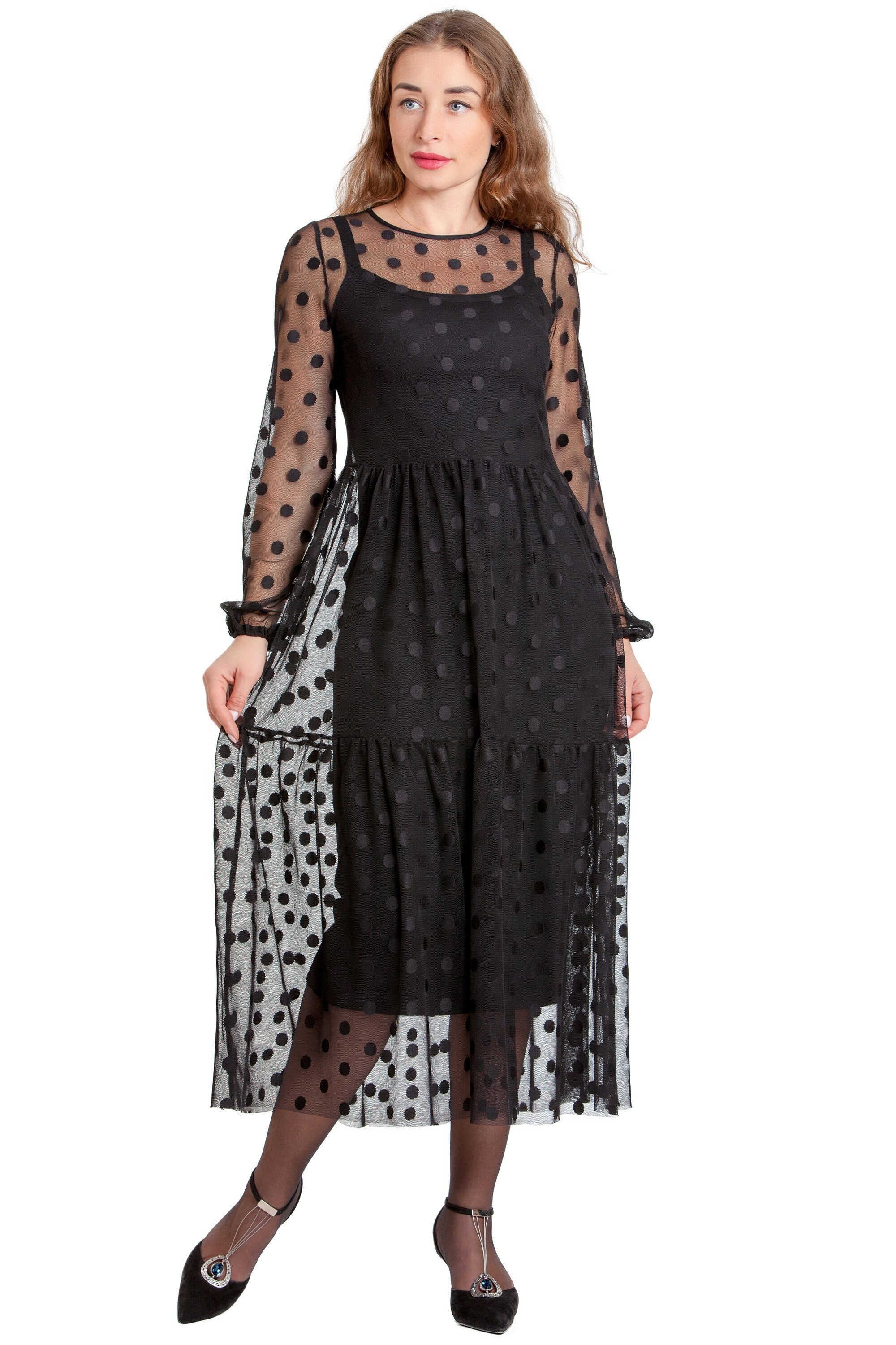 Elegant Black Mesh Midi Dress for Women Chic Summer Polka Dot Knitted Dress