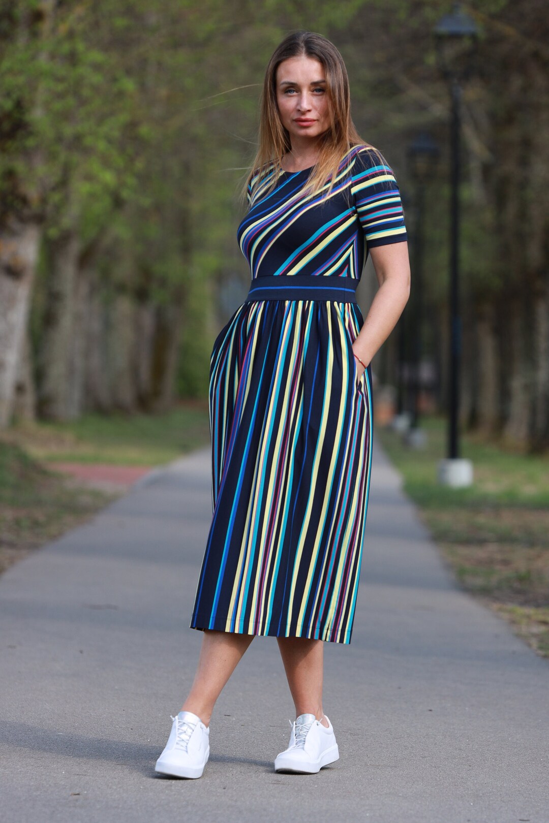 Blue Summer Midi Dress for Women in Jersey Fabric Stripe Dress With Short Sleeves and Pockets Etsy Canada